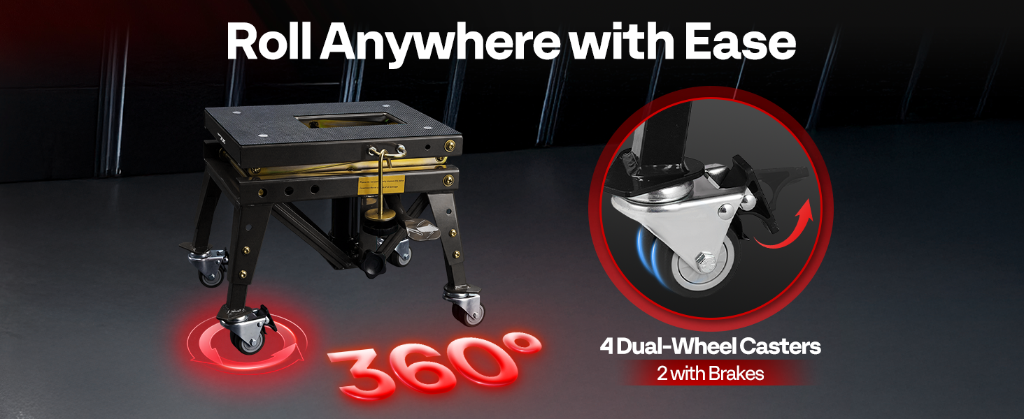This motorcycle lift stand has 360° swivel casters (2 with brakes) for easy, stable movement.
