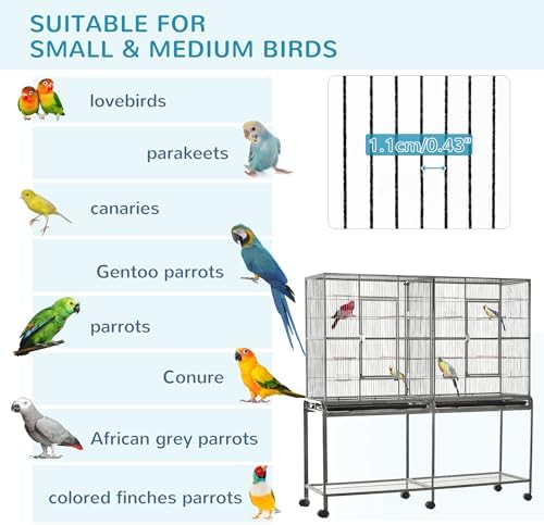 PawHut 65" Double Rolling Metal Bird Cage with Divider, Large Parrot Cage for Parakeet, Canaries, Lovebirds, Budgie, Finch