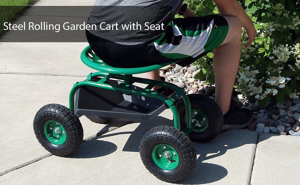 Sunnydaze Rolling Cart with 360-Degree Swivel Seat &amp; Tray