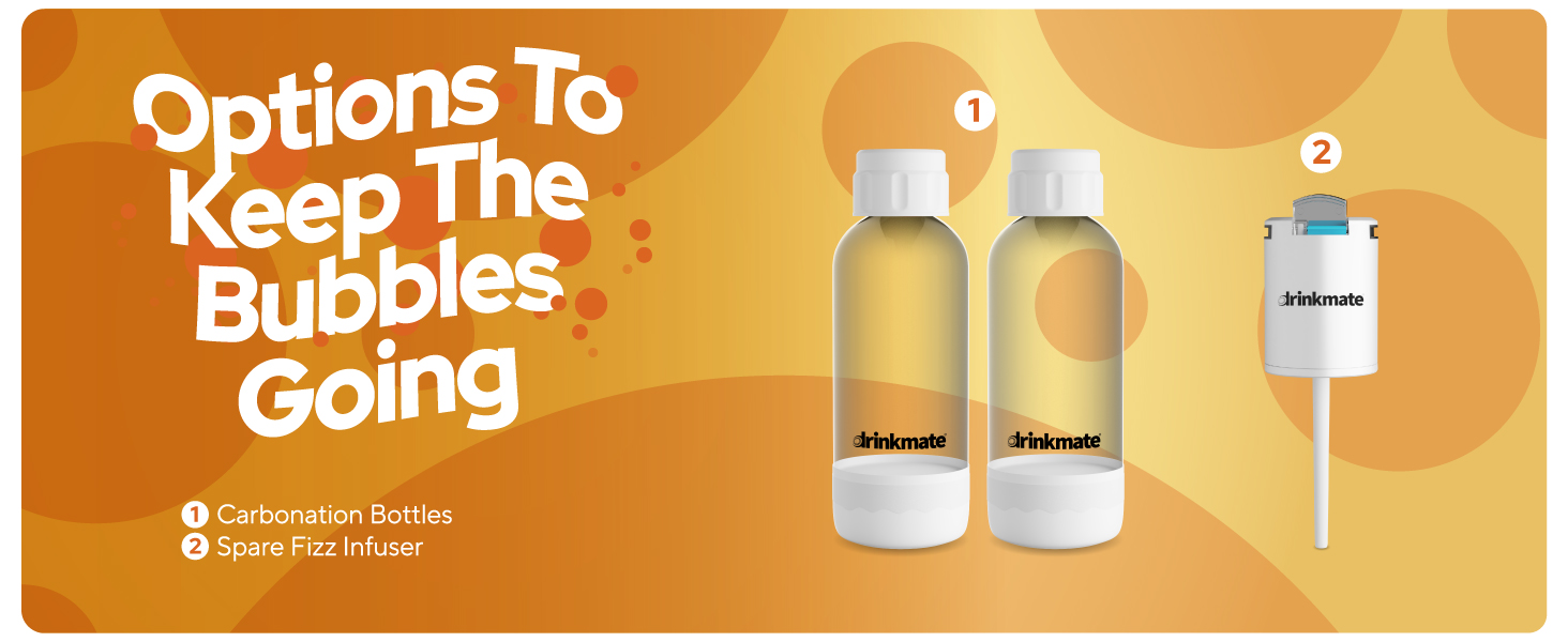 Image of two drinkmate bottles and a straw lid with text reading options to keep the bubbles going.