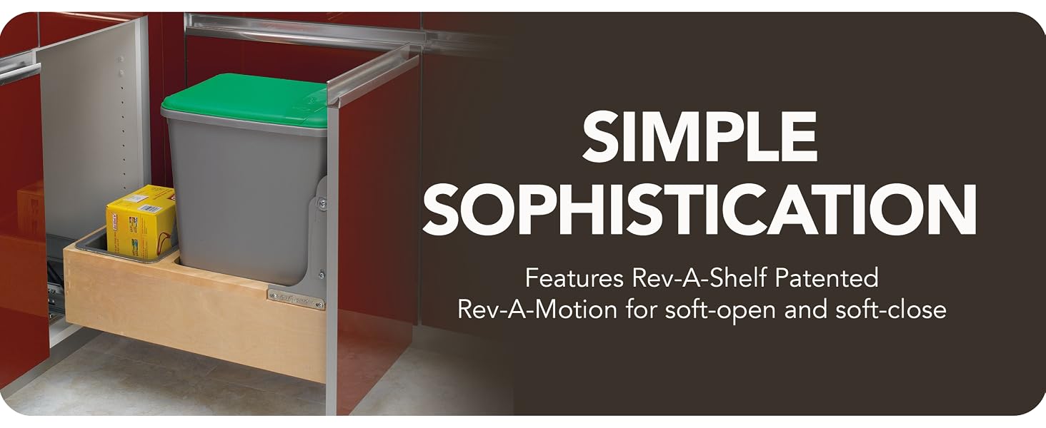 Text reads SIMPLE SOPHISTICATION. Lifestyle image of bottom mount pullout bin.