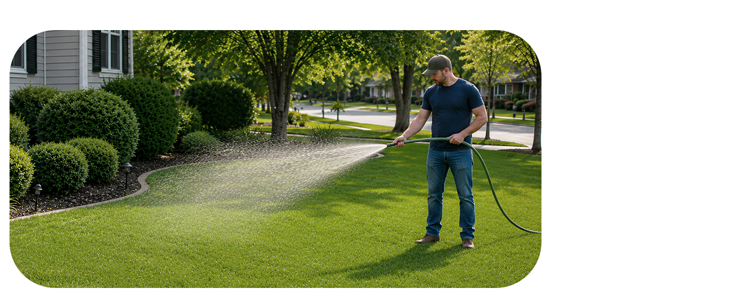 a man watering his front lawn with a garden hose