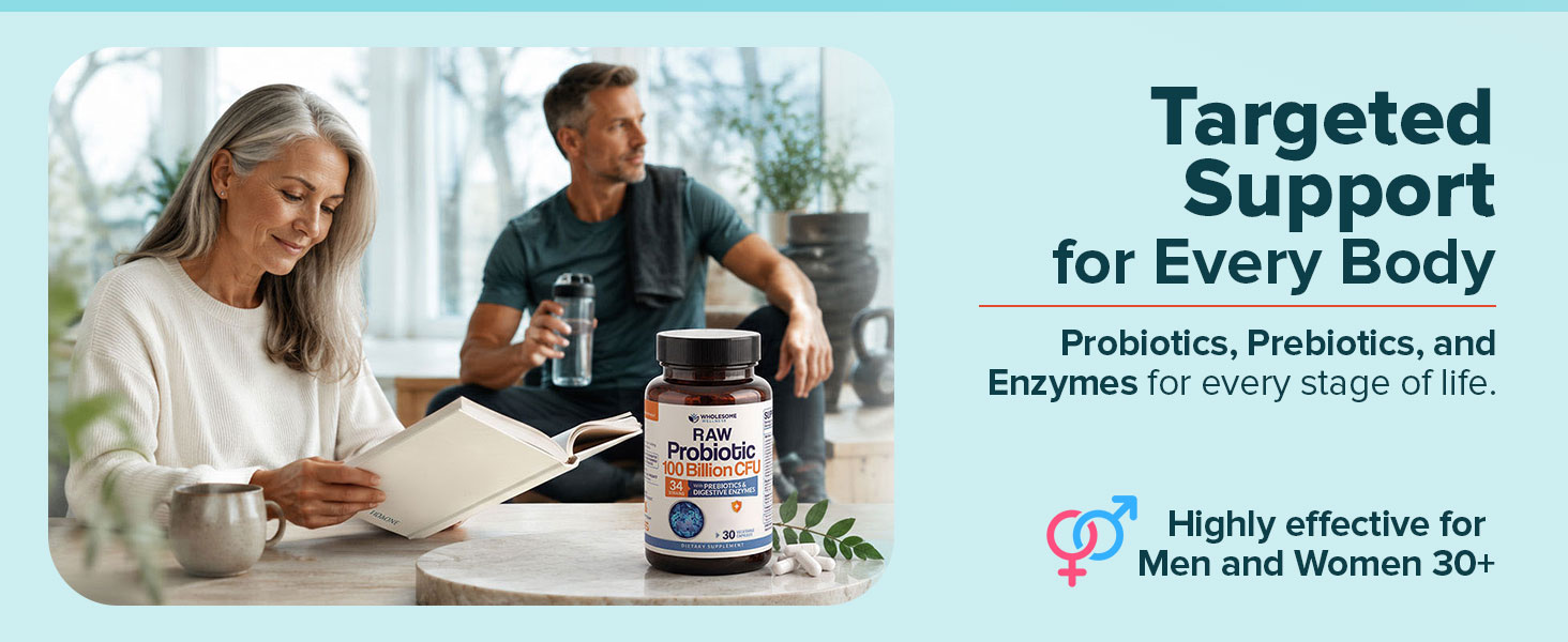 Silver-haired woman and gray-haired man with a probiotic prebiotic enzyme supplement for adults 30+