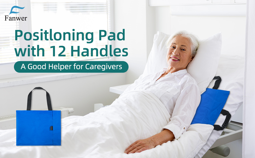 Fanwer positioning pad with 12 handles shown with blue carrying bag, designed for caregivers to assist with patient movement in bed.