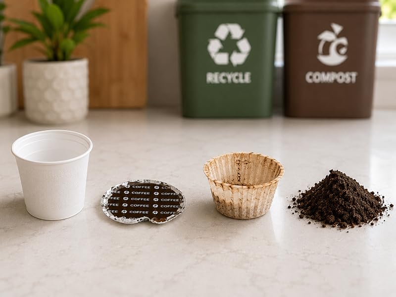 Separated coffee pod components ready for recycling and composting.