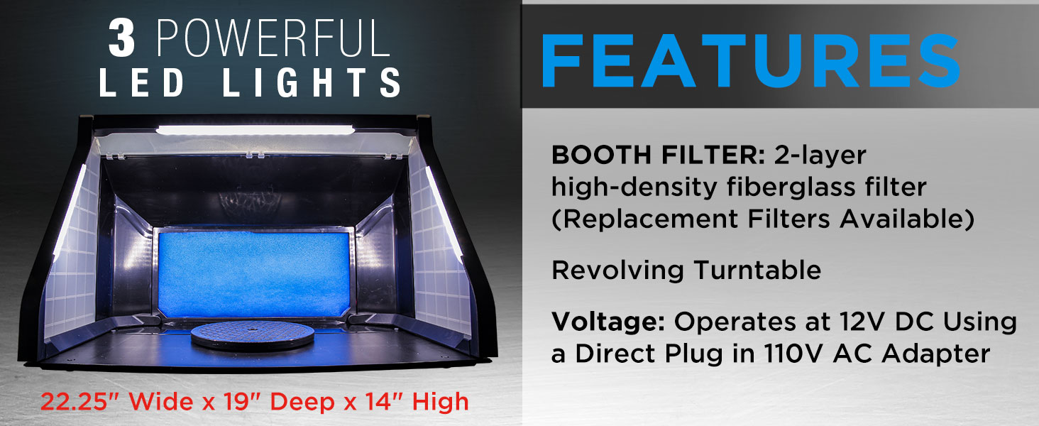 Master Airbrush portable spray booth with 3 LED lights, turntable, and dual-layer fiberglass filter