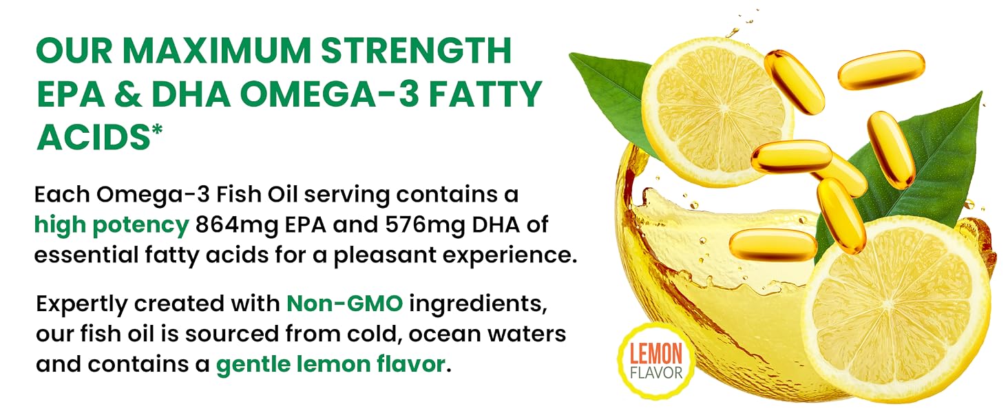 High potency omega 3 fatty acids EPA and DHA with non GMO ingredients lemon flavored mini capsules