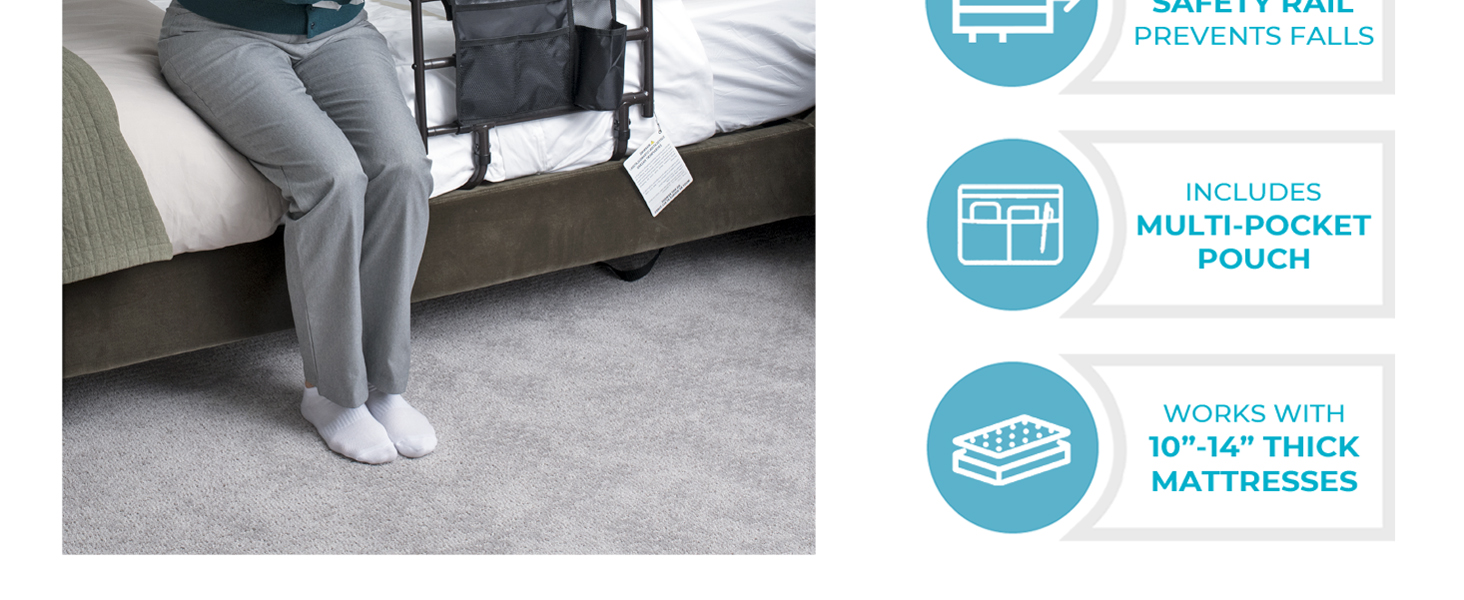 wonder ez adjust bed rail with extendable safety rail with standing handle and organizer pouch