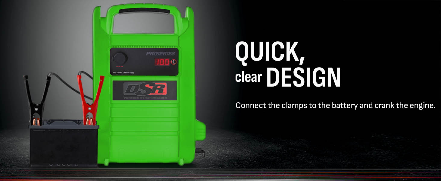 To use, connect the DSR168G’s car battery jump starter’s clamps to the battery and crank the engine.
