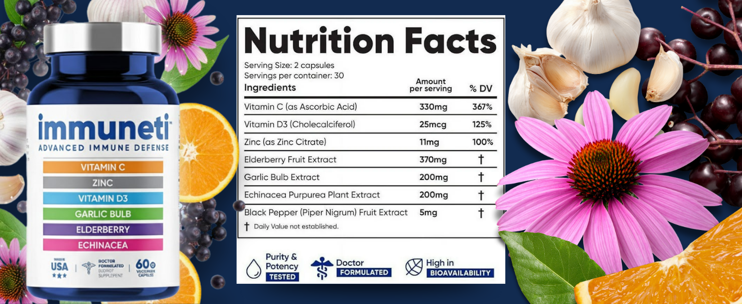 Immuneti immune support supplement bottle shown with nutrition facts panel and ingredient visuals.