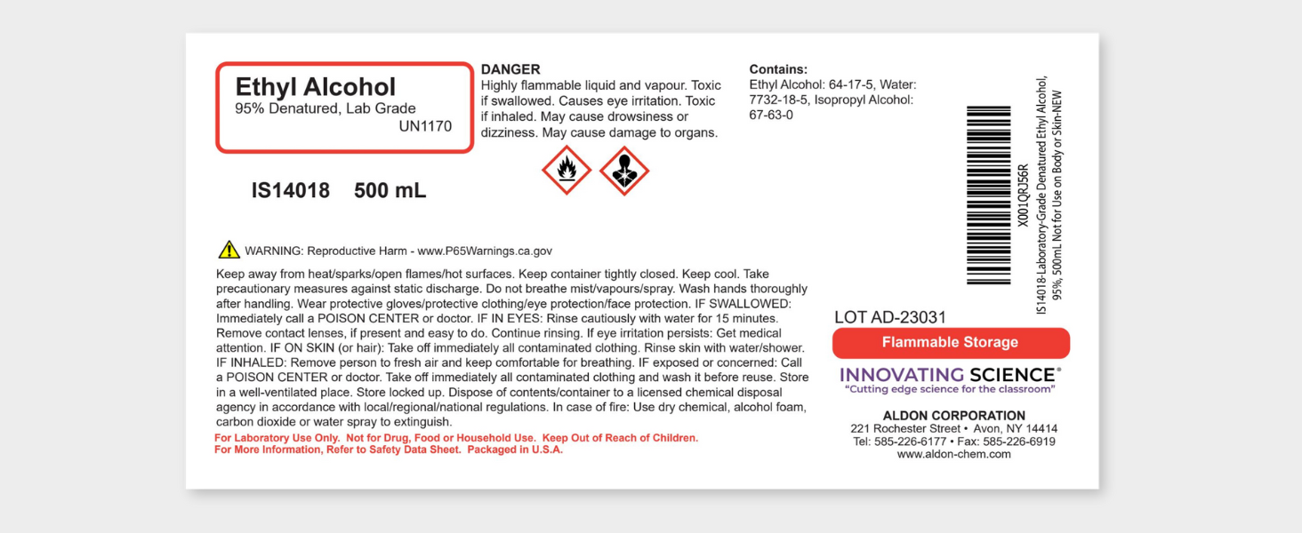 aldon innovating science IS14018 ethyl alcohol lab grade testing school laboratory glucose