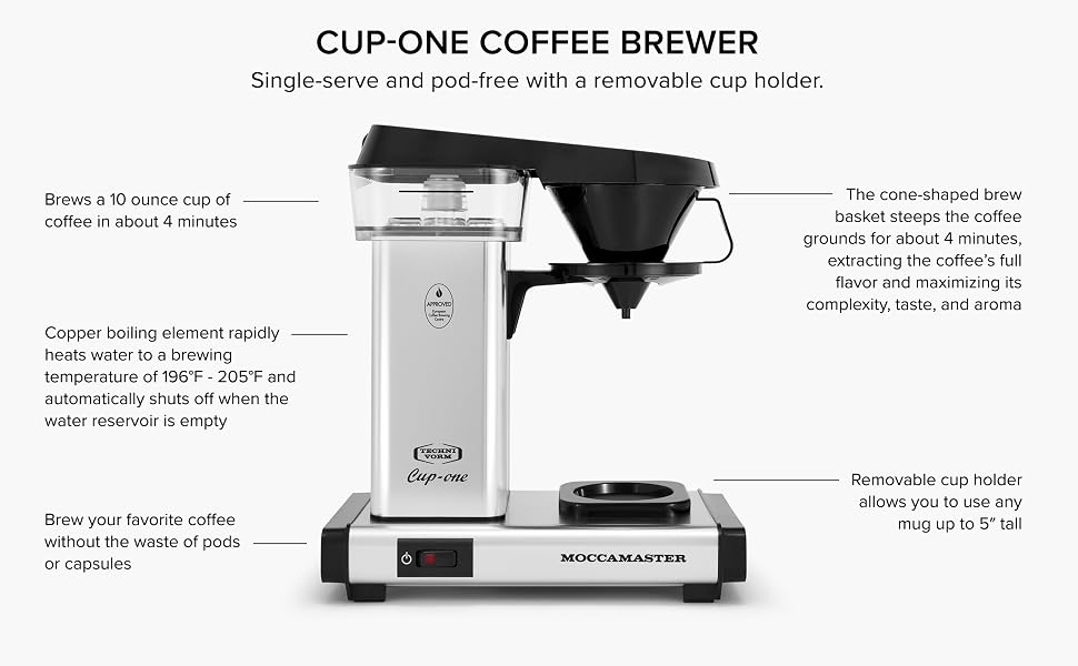 Cup-One Coffee Brewer: Single-serve and pod-free with a removable cup holder.