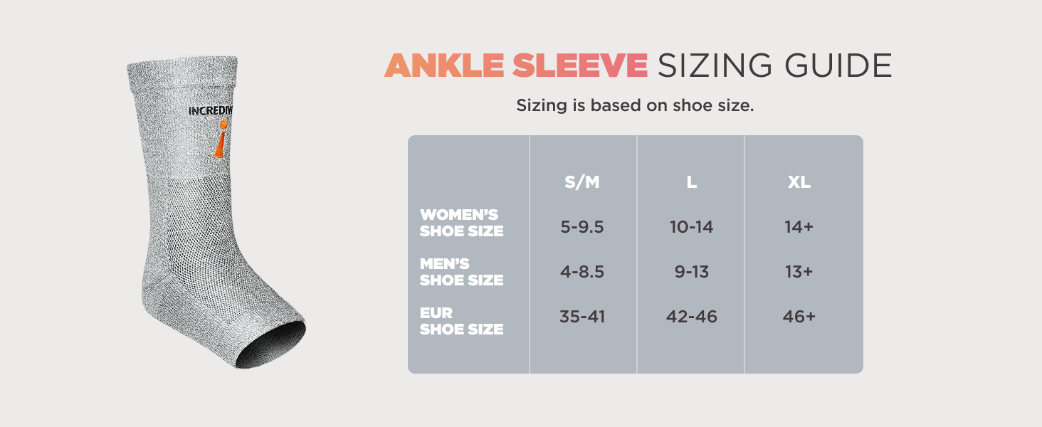 Ankle sleeve sizing guide for women and men - S/M to XL based on shoe size