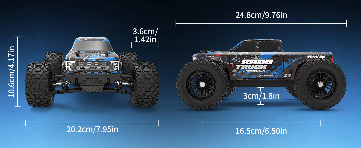 Two RC toy vehicles shown with dimension measurements. Text indicates '24.6cm/9.76in', '3.6cm/1.42in', '28.2cm/7.95in', '38.5cm/8.59in'. Features detailed tire and body specifications for scale model remote control cars.