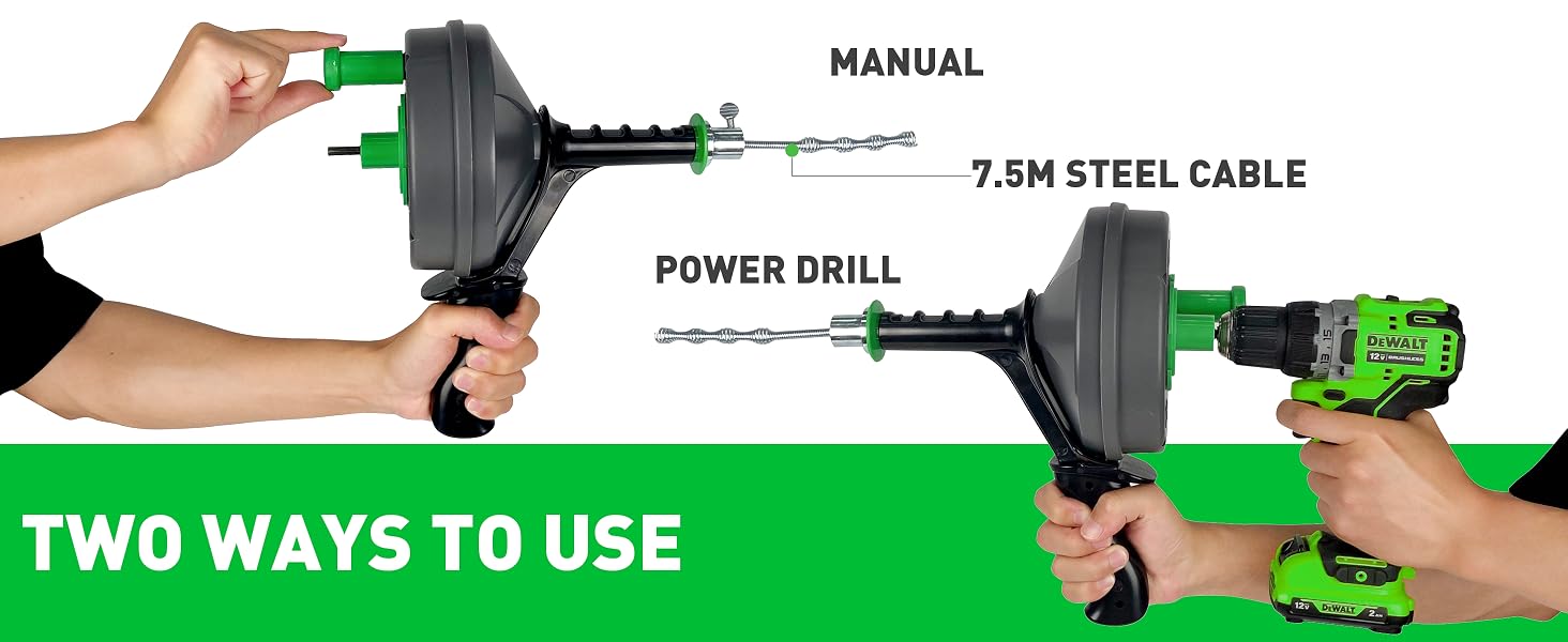 Plumbing tool with 7.5M steel cable shown in two usage positions - manual operation and power drill attachment for drain cleaning.