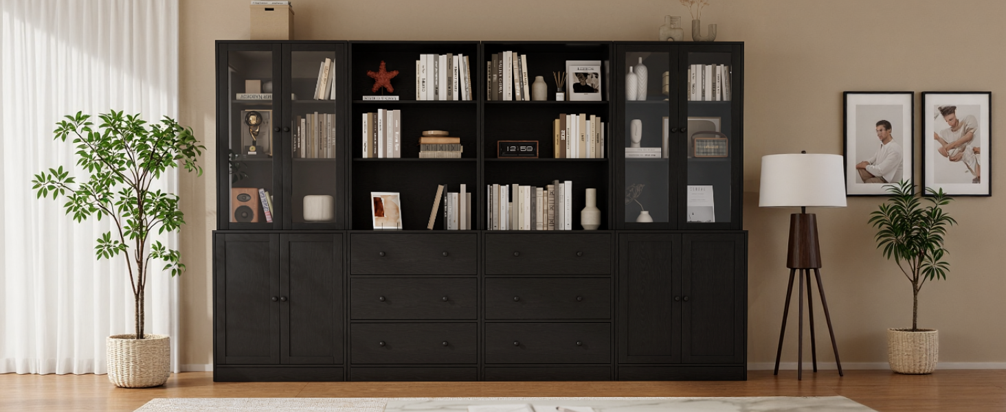 black Bookcase with storage, Modern 6-Tier Bookshelf with Door