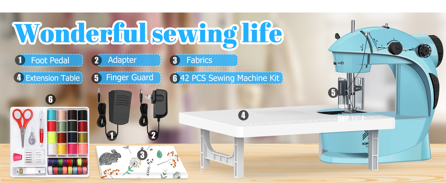 Sewing machine kit with blue compact sewing machine, extension table, and accessories including thread spools, scissors, and measuring tape.