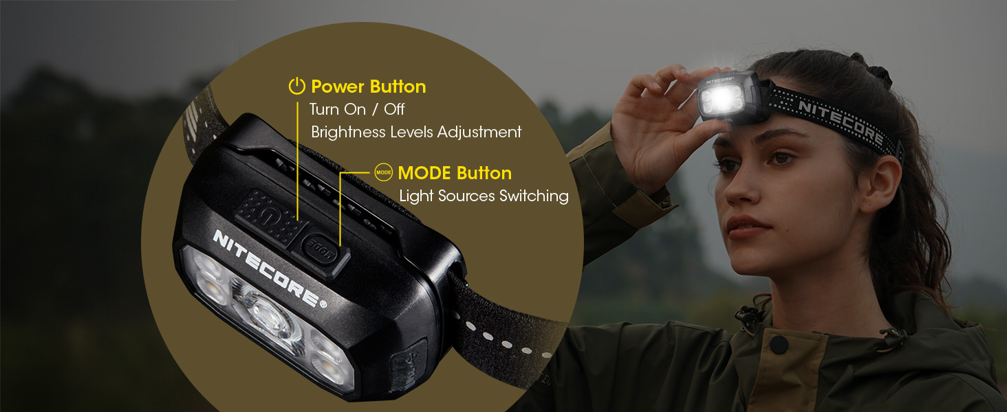 A woman wears the NU30, a close up of the NU30 shows the two-button interface.