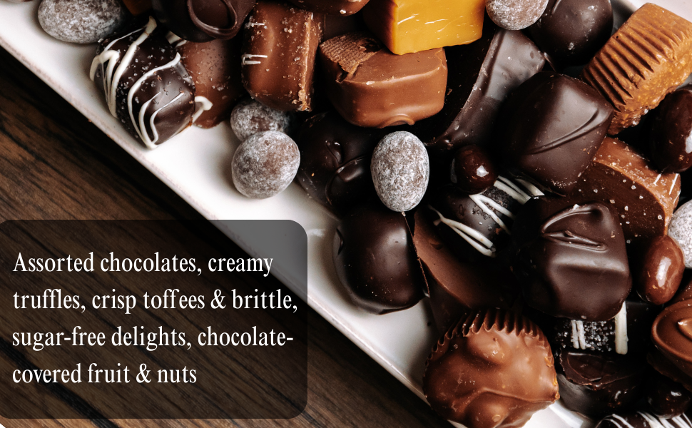 assorted chocolates chocolate truffles chocolate caramels nut clusters brittle toffee chocolate