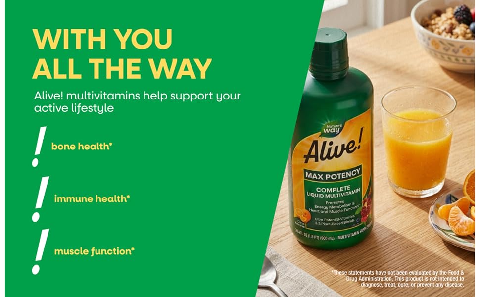 Bottle of Alive! Max Potency Liquid Multivitamin standing next to a glass of orange juice