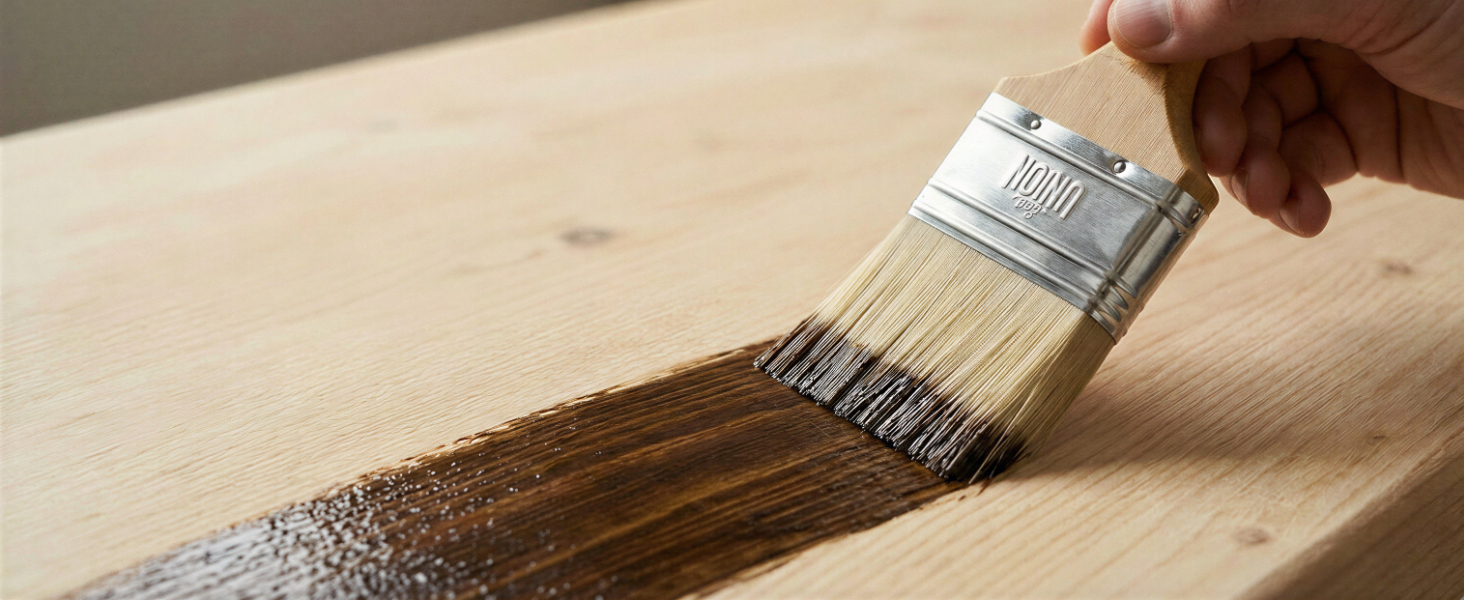 Series of photos showing application of wood stain or varnish using a brush on wooden surface, demonstrating the wood finishing process.