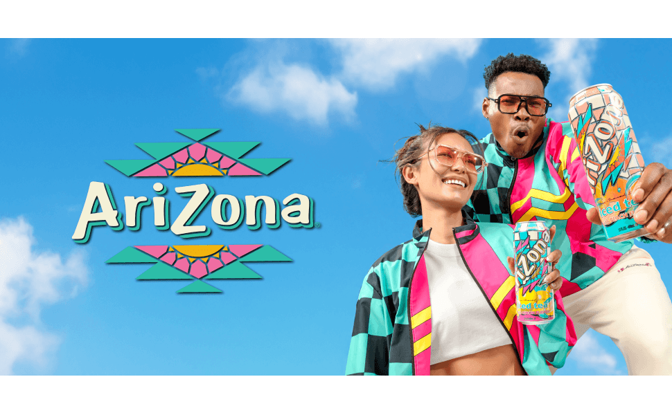 Blue sky with clouds and AriZona Logo with two models holding AriZona Iced Tea cans