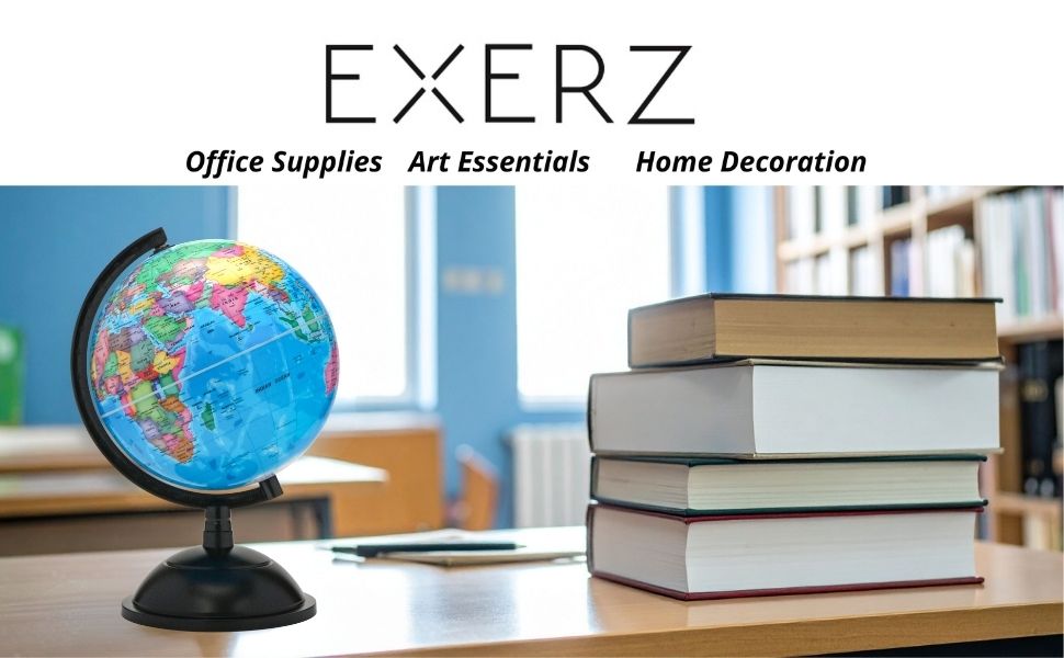 Text reads 'EXERZ' and 'Office Supplies Art Essentials Home Decoration'. Desktop scene with world globe and stack of books against blurred background.
