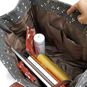 Interior view of the MAIKA Carryall Tote, showing in the inner compartment and the pockets.