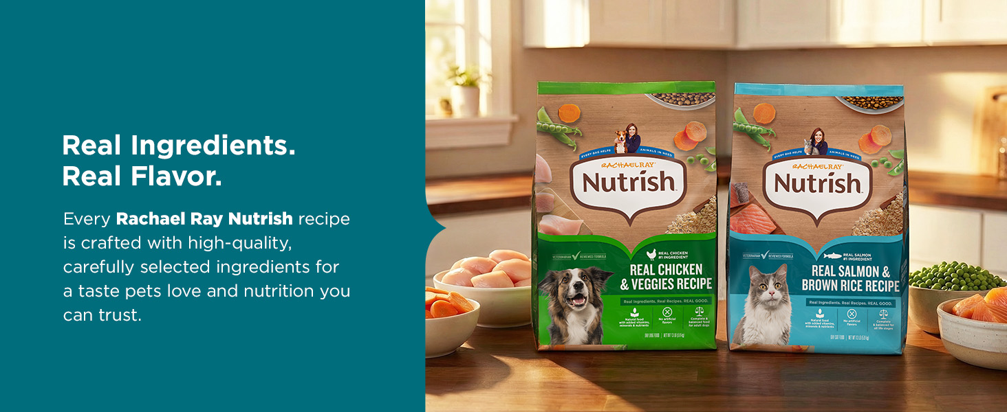 Rachael Ray Nutrish dog and cat food packages and ingredients on kitchen counter