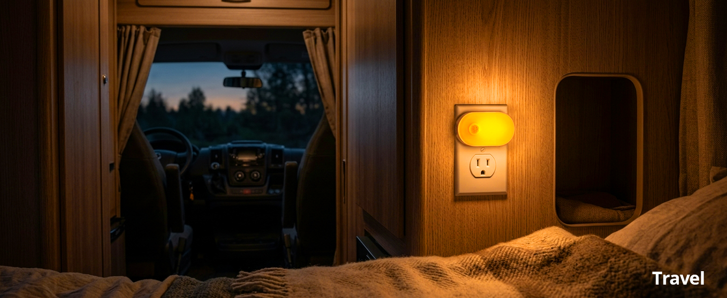 Compact plug-in night light illuminating an RV interior.