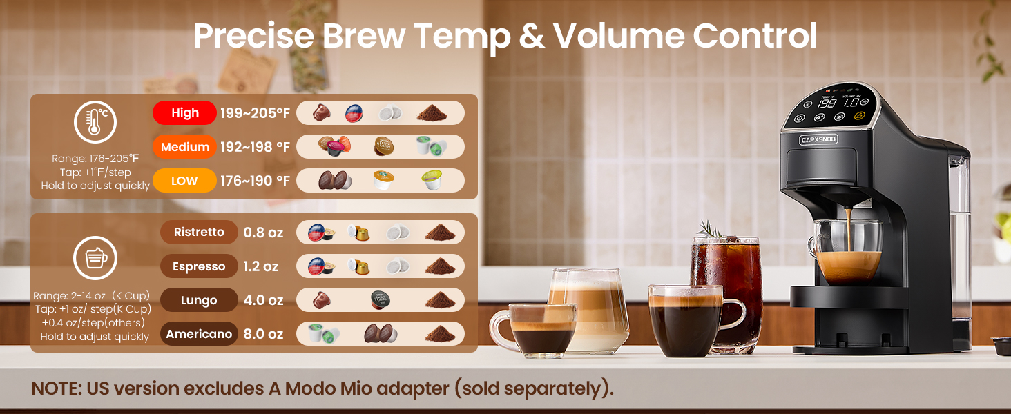 The coffee maker guide showing auto-adaptive pods presets and custom brew temp &amp;amp; volume controls.