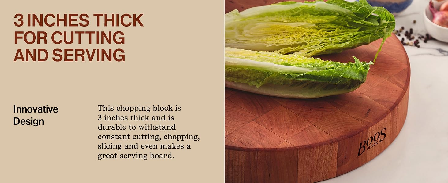 A chopped cabbage on a wooden board. Text reads: 3 Inches Thick for Cutting and Serving.