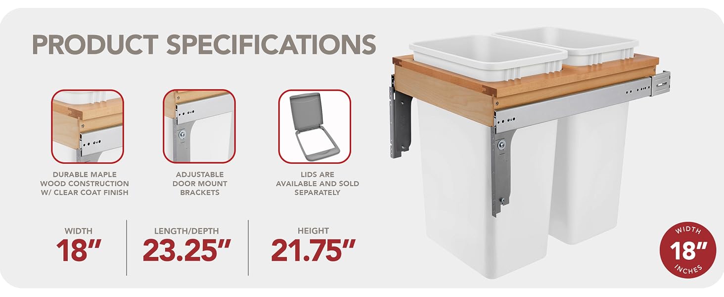 Rev-A-Shelf Double Pullout Top Mount Trash Can 50 qt., White, 4WCTM-2150DM-2