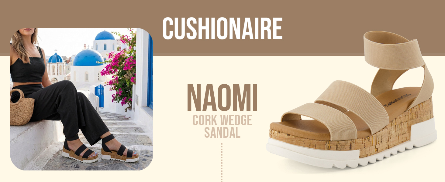 naomi, banner, lifestyle, infographic, cork wedge sandal