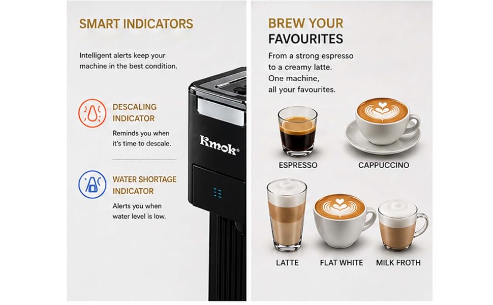 Text reads 'Krock'. Slim black single-serve coffee maker with yellow coffee cup displayed beneath