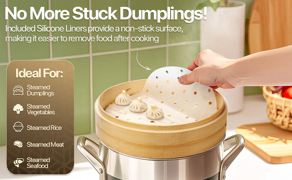 Hand lifting liner full of steamed dumplings over a saucepan.