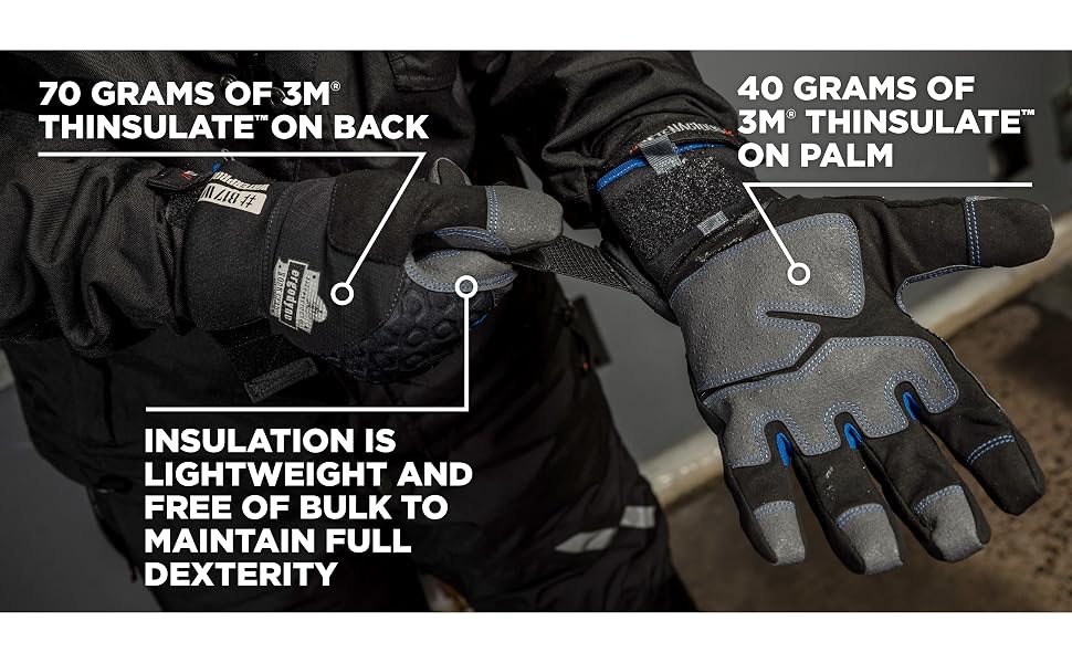 70 grams 3m thinsulate on back, 40 grams 3m thinsulate on palm, insulation is lightweight