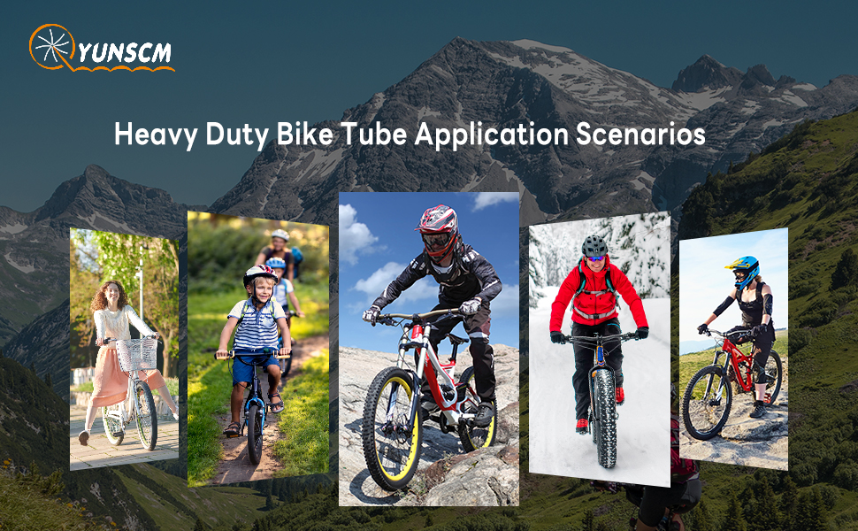 Yunscai heavy duty bike tube application scenarios showing five cyclists on different terrains including mountain, snow, and trail riding.