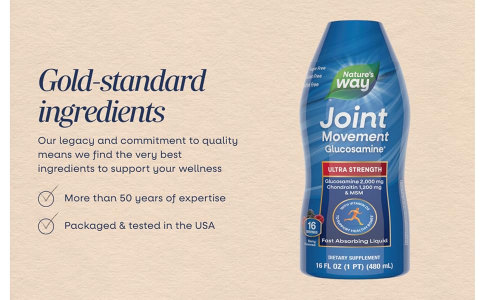 Bottle of Nature's Way Joint Movement Glucosamine next to text