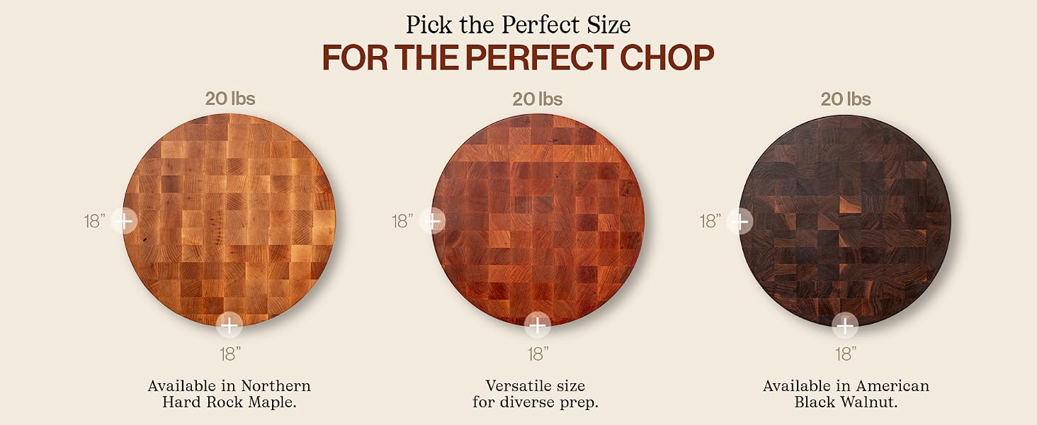 Text reads: Pick the perfect size for the perfect chop. Images of board variations.