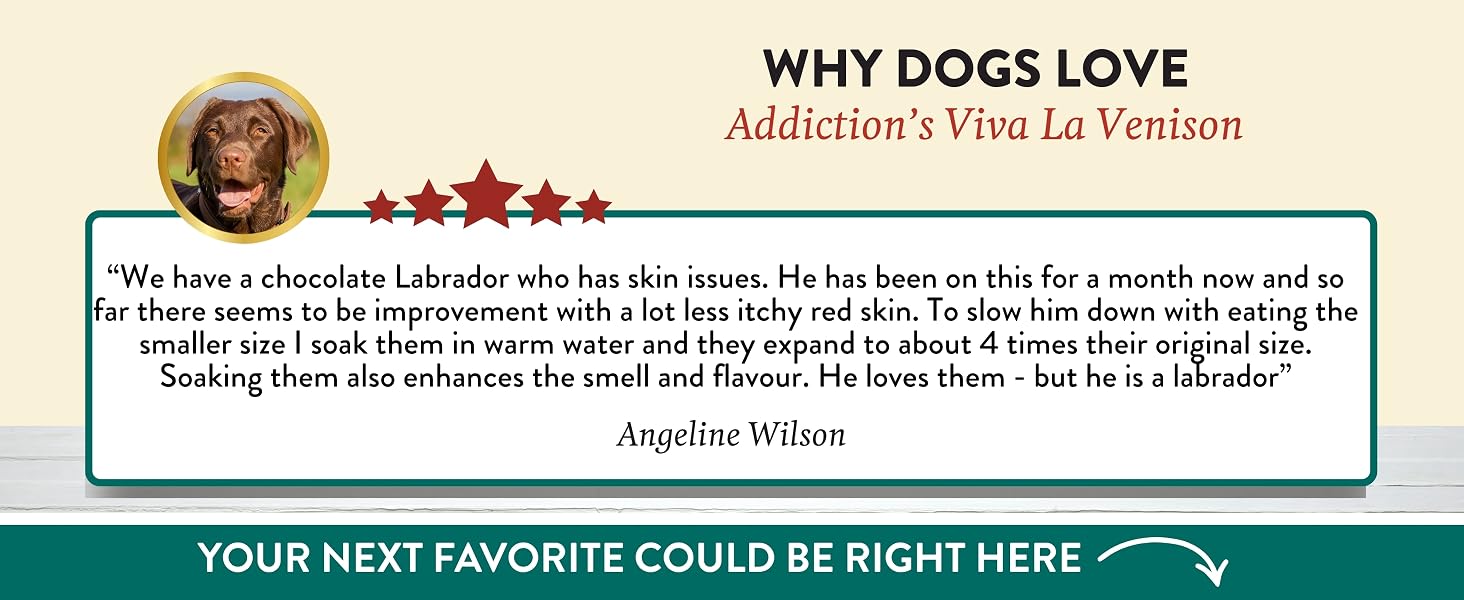 Addiction venison dog food features free-range New Zealand Venison as a novel premium protein source