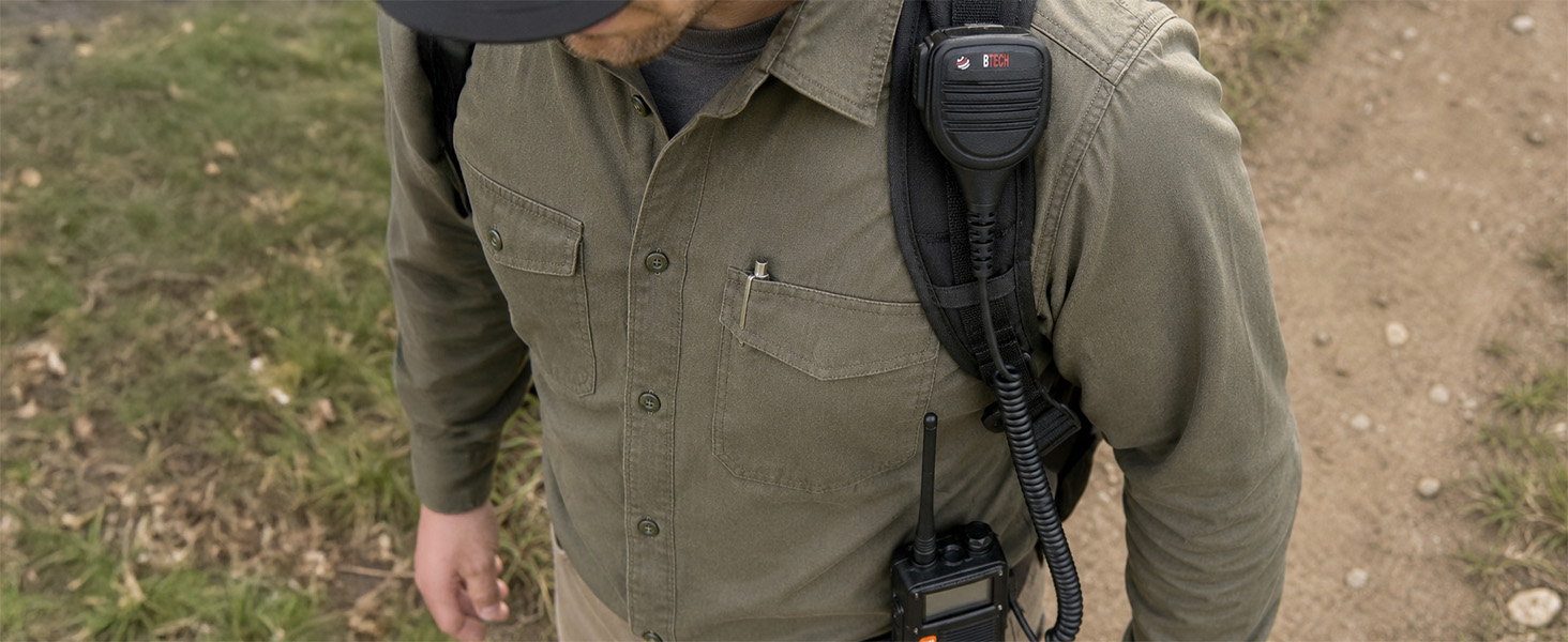 BF-F8HP PRO worn with shoulder speaker mic for easier hands-free carrying and operation.