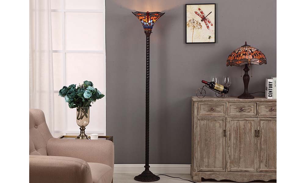 Bieye L10710 Dragonfly Tiffany Style Stained Glass Torchiere Floor Lamp Orange Blue