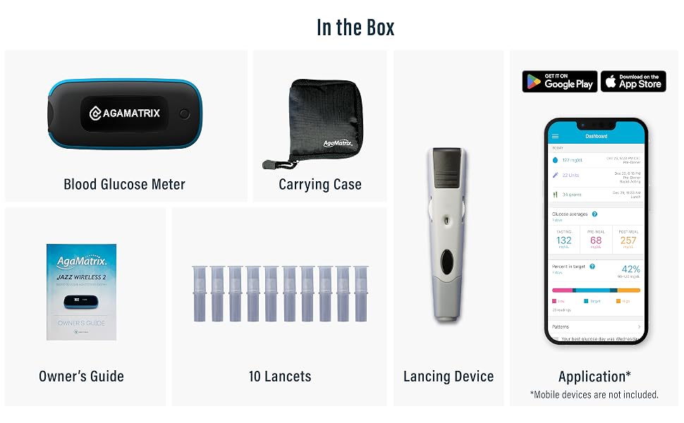 Jazz Wireless 2, Starter Kit, Includes Meter, Case, Instructions, Lancets, Lancing Device, App