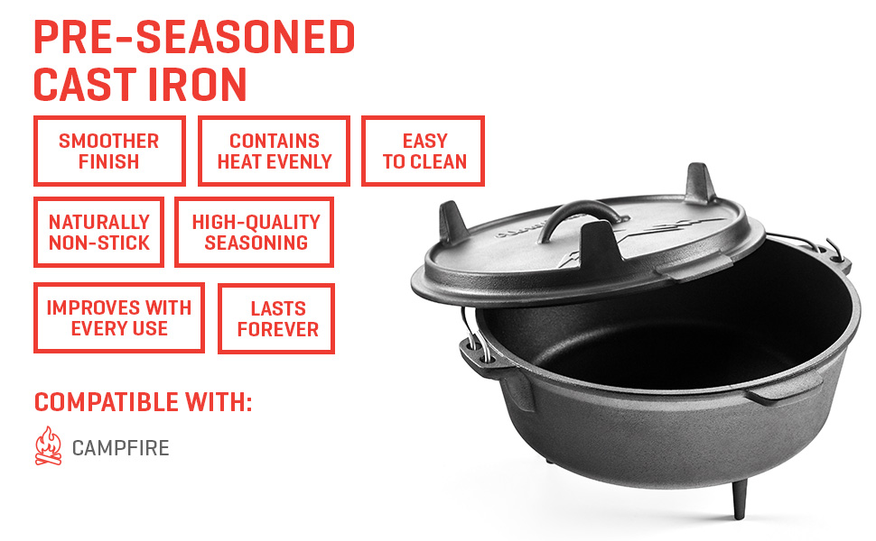 Uno Casa Cast Iron Camping Dutch Oven pre-seasoned, ready for campfire