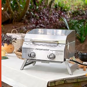820-0033M Megamaster 2-Burner Tabletop Propane Gas Grill in Stainless Steel