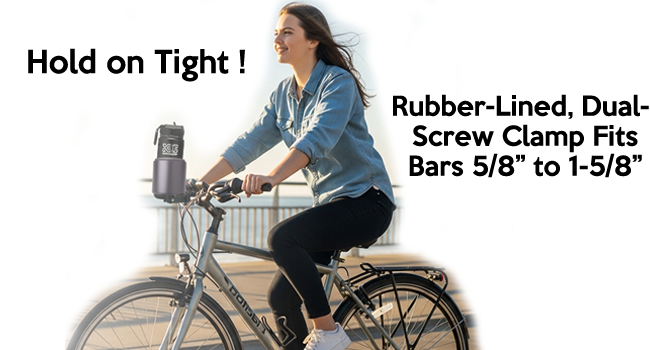 person laughing riding cruiser with kroozie deluxe bike drink holder for adult bikes