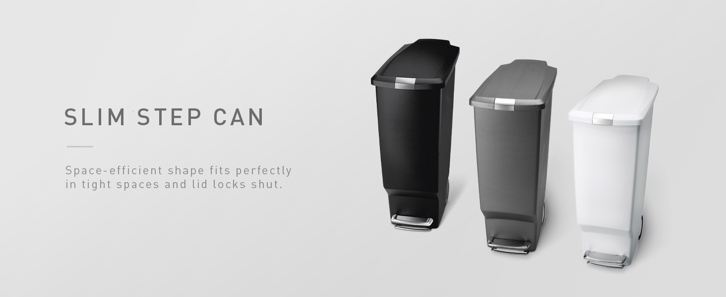 Slim Step Can | Space-efficient shape fits perfectly in tight spaces and lid locks shut