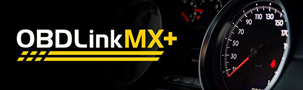 OBDLink MX+ logo on a black background next to a car speedometer inside a car