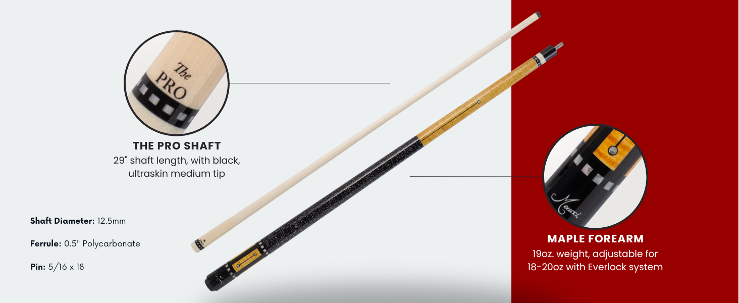 Low deflection pool cue with curly maple forearm and rock maple shaft